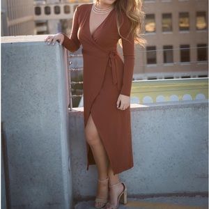 Rust v-neck long sleeve Wrap dress